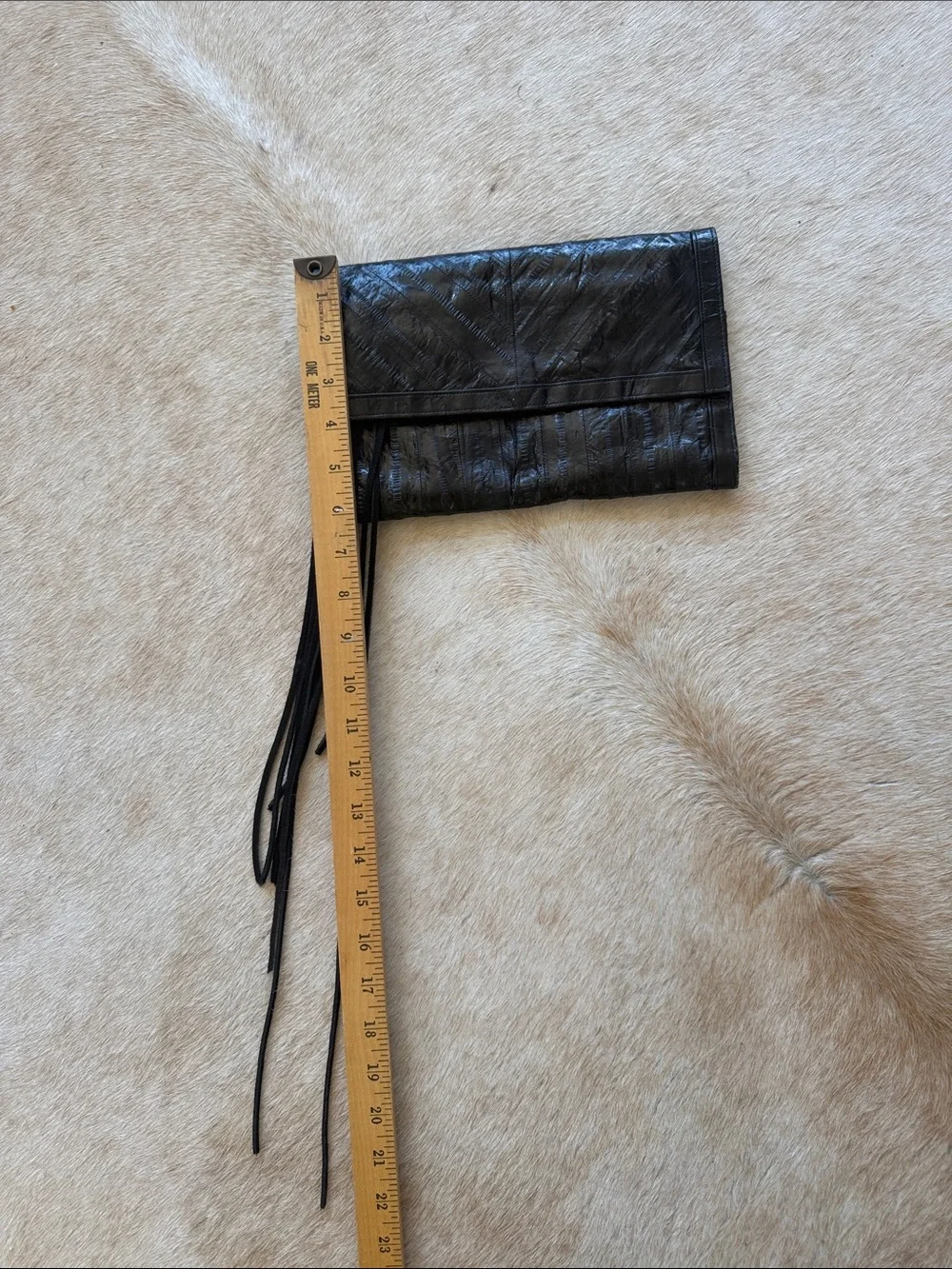Vintage Genuine Eel Skin Black Leather Fringe Clutch Purse Korea
